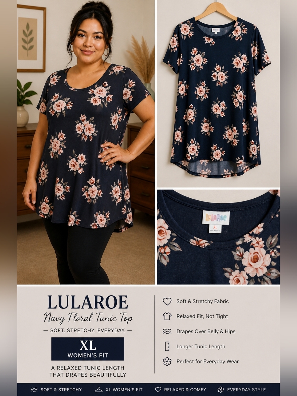Women's Navy Floral Short Sleeve Stretchy Tunic Lularoe Size XL 14/16 Summer Top